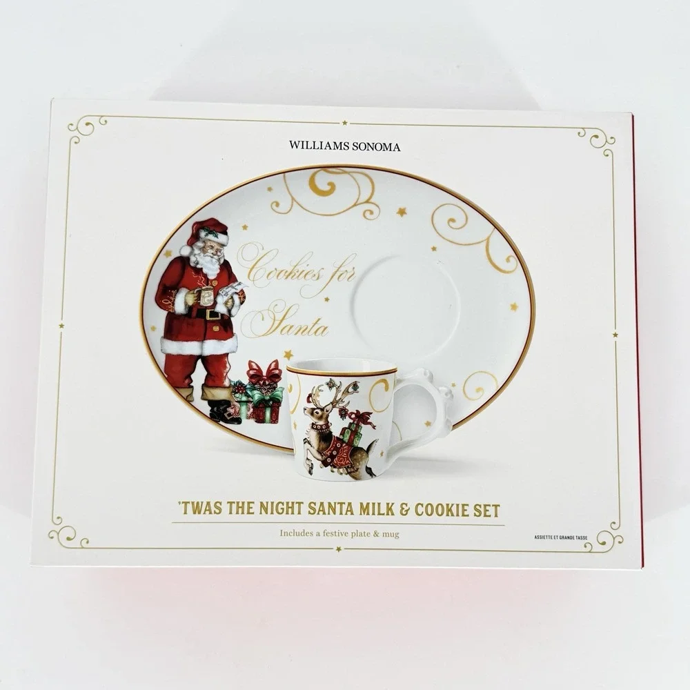 Williams Sonoma Twas the Night Santa Milk and Cookie Set Porcelain Christmas NEW